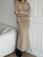 Round Neck Dropped Shoulder Top and Midi Skirt Sweater Set.