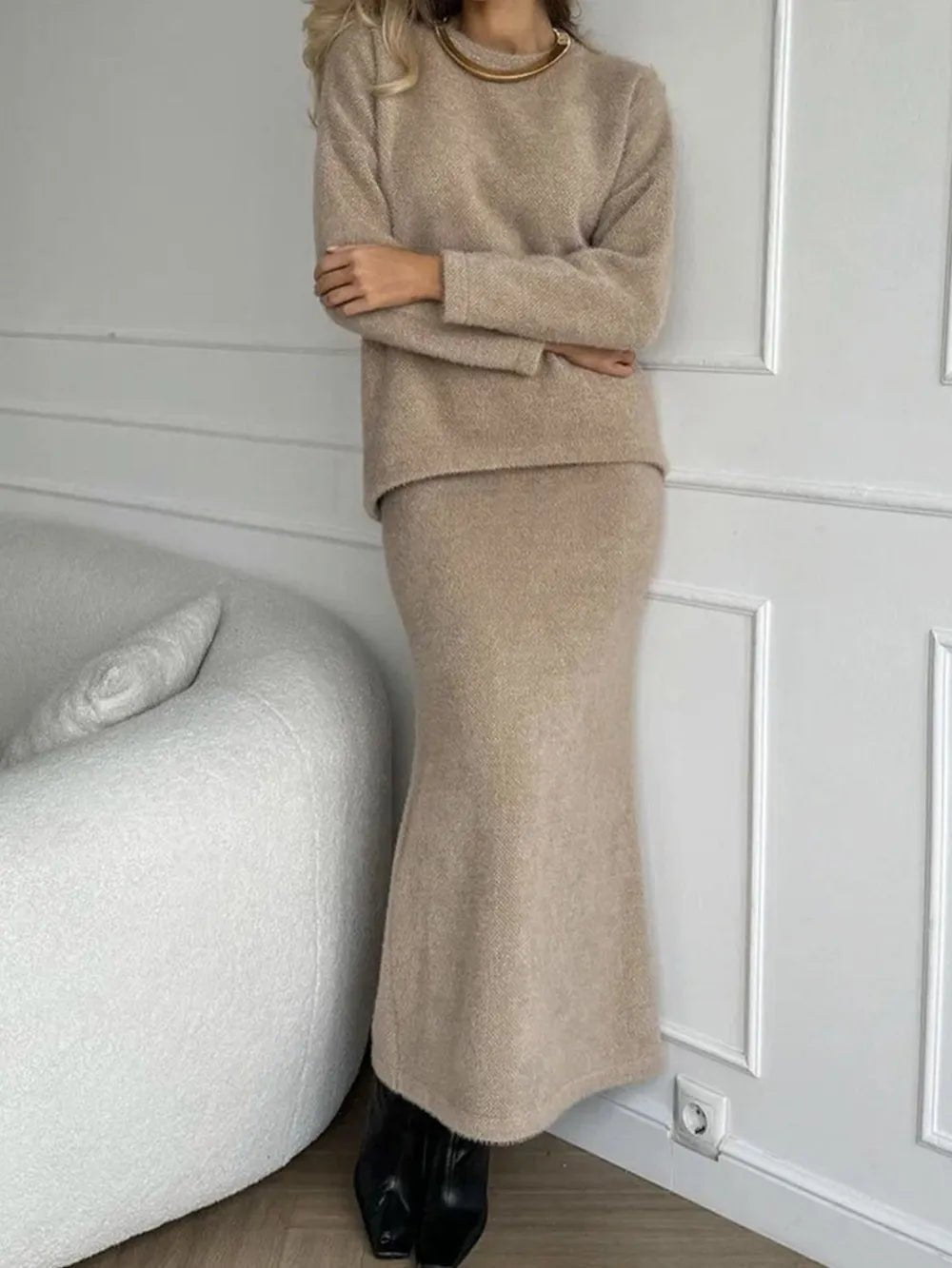 Round Neck Dropped Shoulder Top and Midi Skirt Sweater Set.