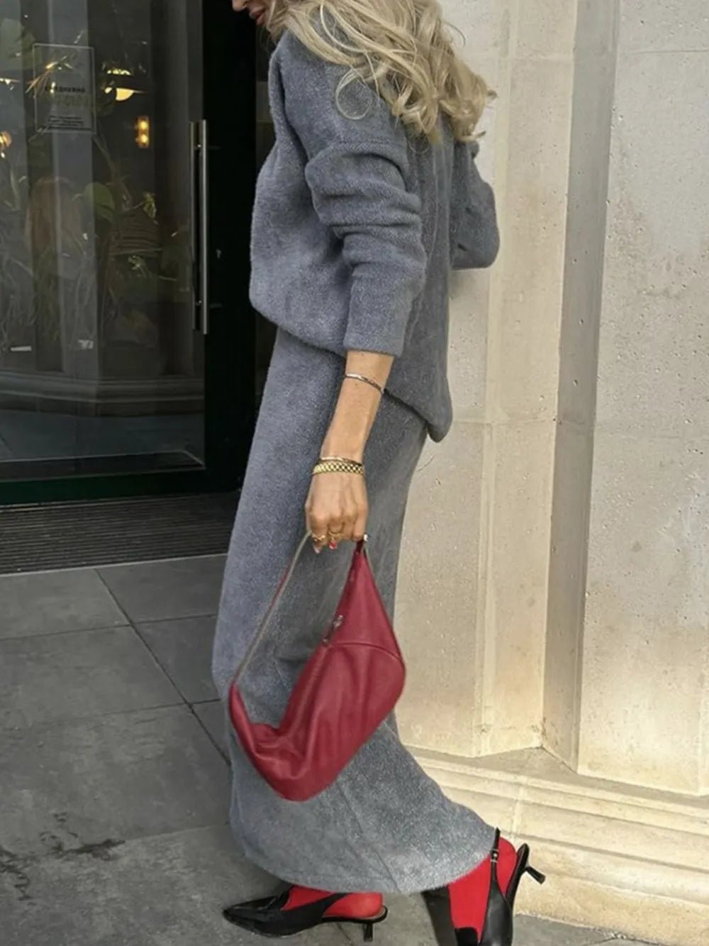 Round Neck Dropped Shoulder Top and Midi Skirt Sweater Set.