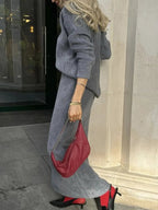 Round Neck Dropped Shoulder Top and Midi Skirt Sweater Set.