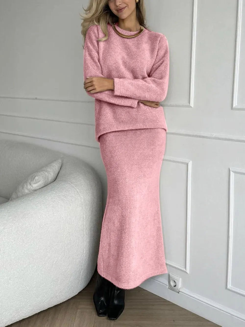 Round Neck Dropped Shoulder Top and Midi Skirt Sweater Set.