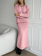 Round Neck Dropped Shoulder Top and Midi Skirt Sweater Set.