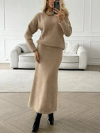 Round Neck Dropped Shoulder Top and Midi Skirt Sweater Set.