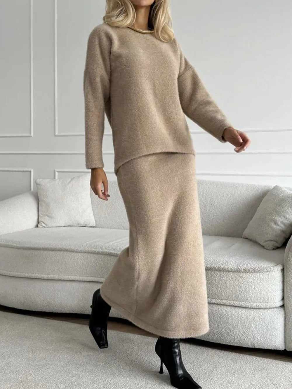 Round Neck Dropped Shoulder Top and Midi Skirt Sweater Set.