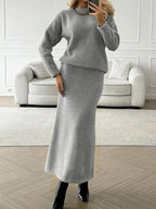 Round Neck Dropped Shoulder Top and Midi Skirt Sweater Set.