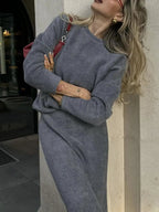 Round Neck Dropped Shoulder Top and Midi Skirt Sweater Set.