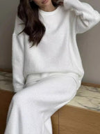 Round Neck Dropped Shoulder Top and Midi Skirt Sweater Set.