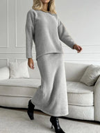 Round Neck Dropped Shoulder Top and Midi Skirt Sweater Set.