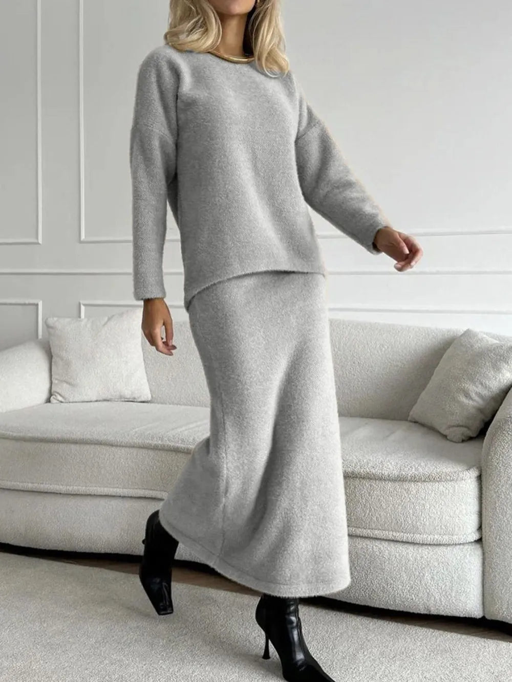 Round Neck Dropped Shoulder Top and Midi Skirt Sweater Set.