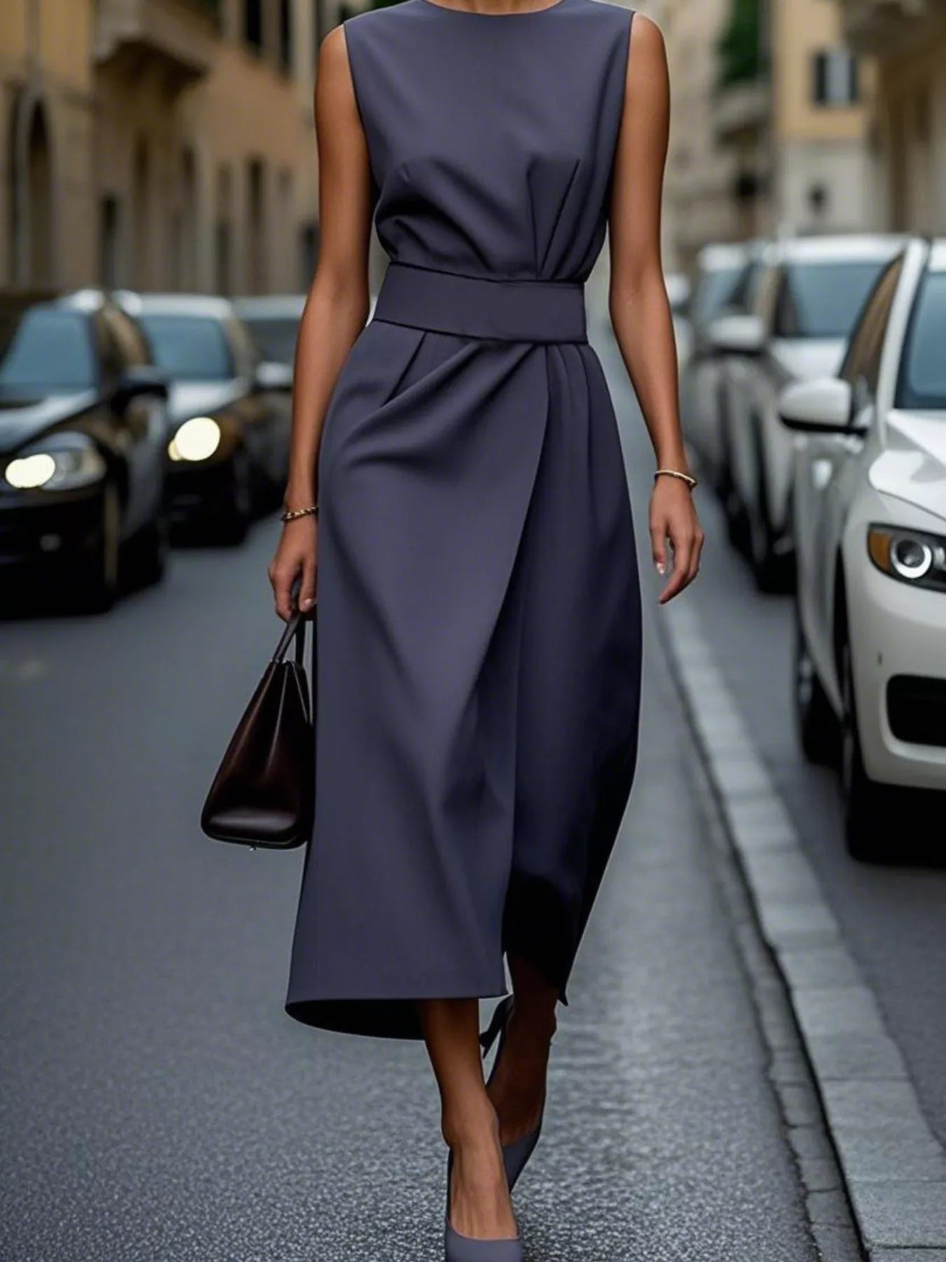 Round Neck Sleeveless Midi Dress.