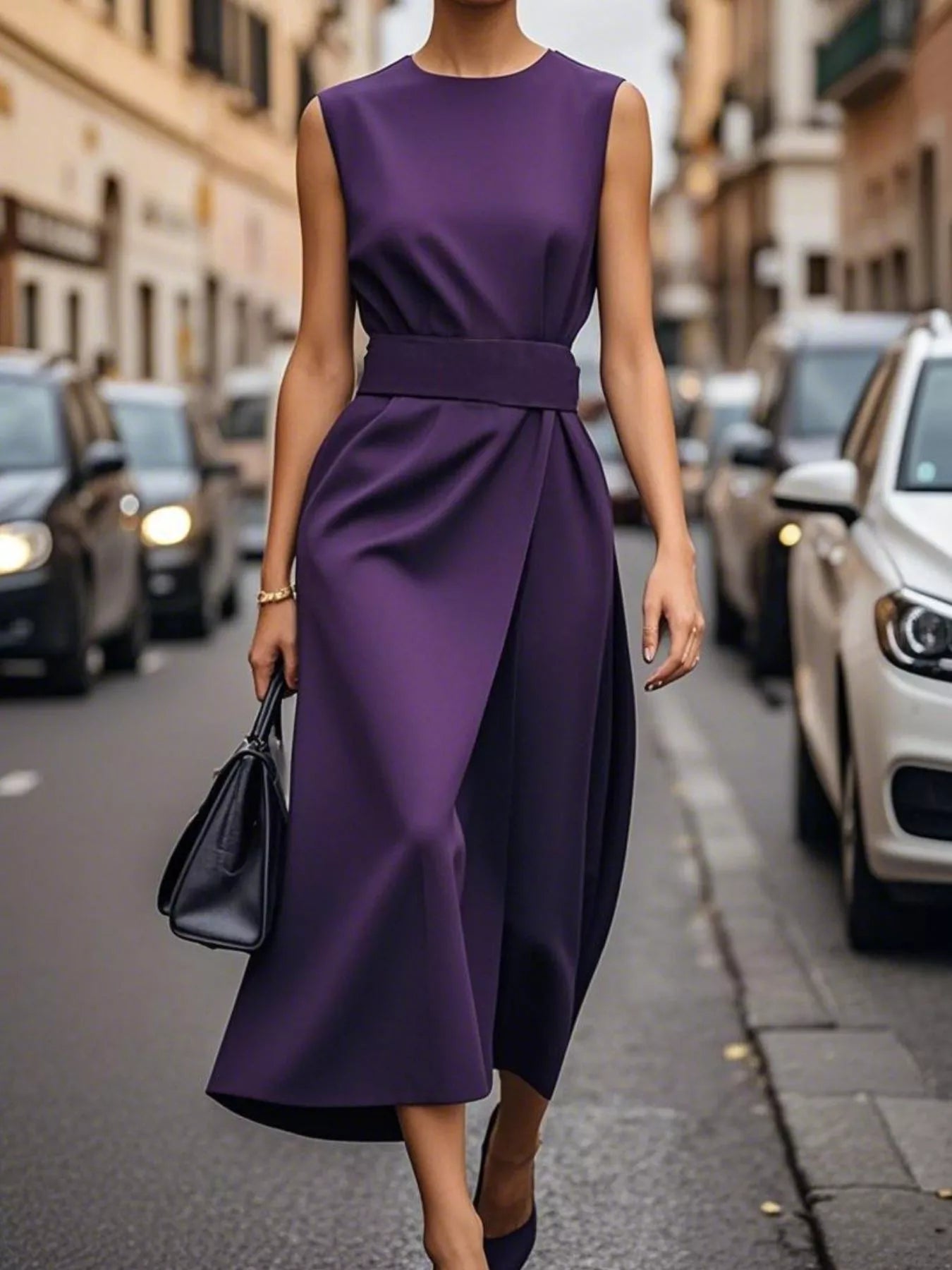 Round Neck Sleeveless Midi Dress.
