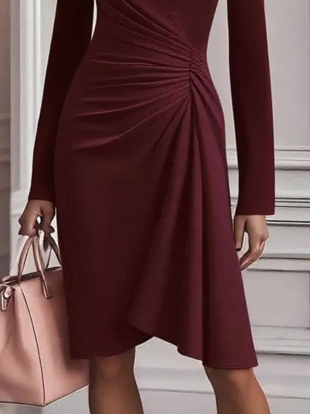 Ruched Surplice Long Sleeve Dress.