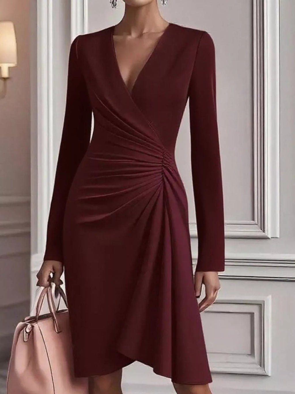 Ruched Surplice Long Sleeve Dress.