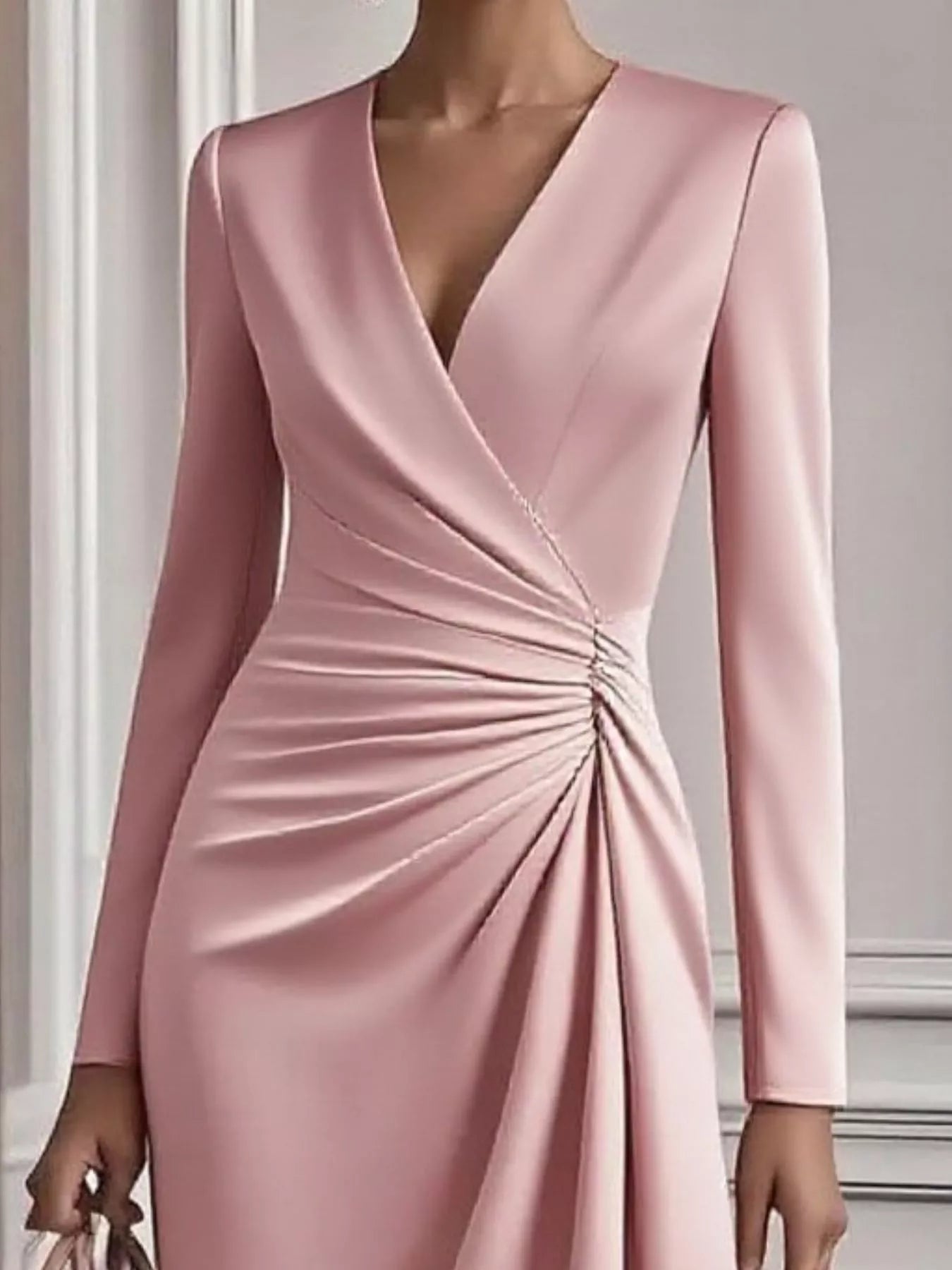 Ruched Surplice Long Sleeve Dress.