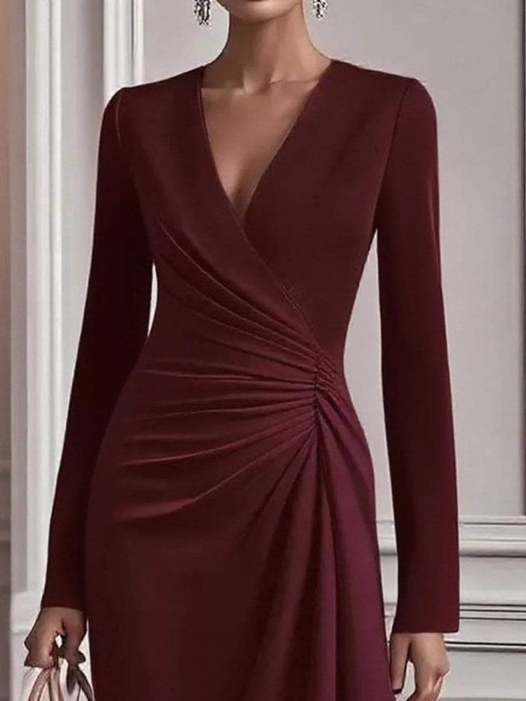 Ruched Surplice Long Sleeve Dress.