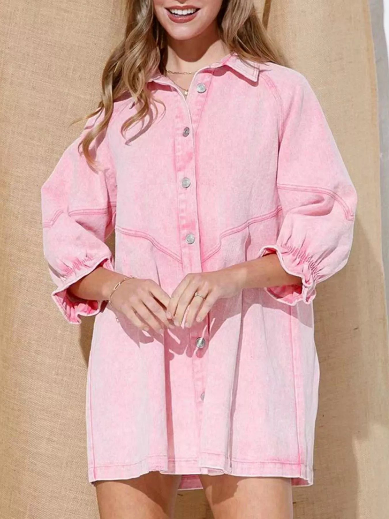 Ruffled Cuff Button-Down Denim Dress.