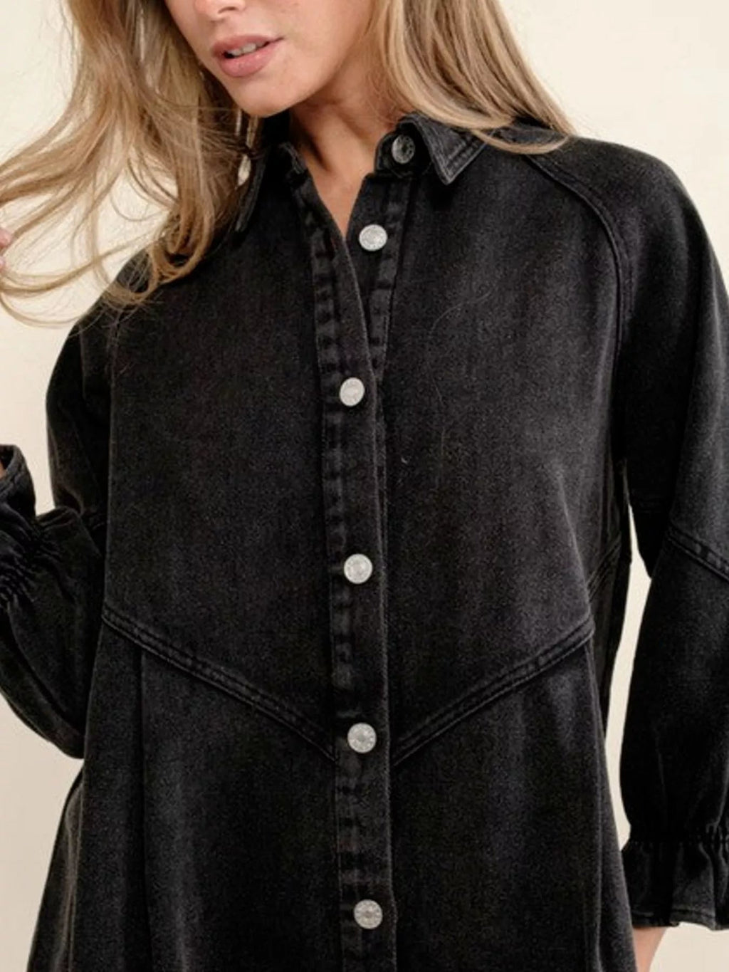 Ruffled Cuff Button-Down Denim Dress.