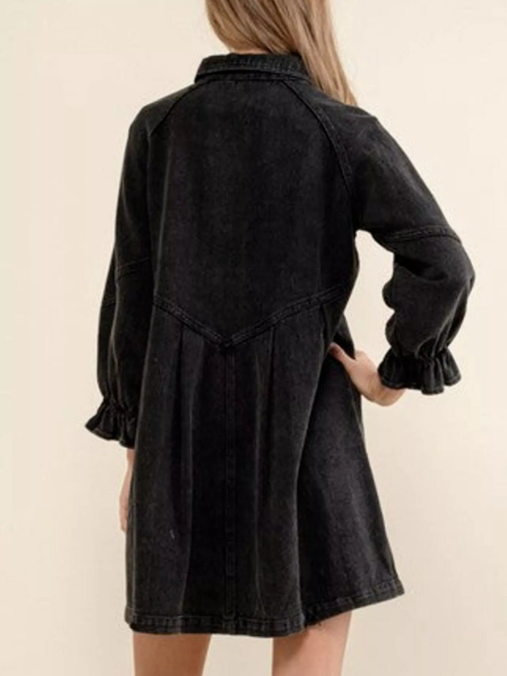 Ruffled Cuff Button-Down Denim Dress.