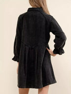 Ruffled Cuff Button-Down Denim Dress.