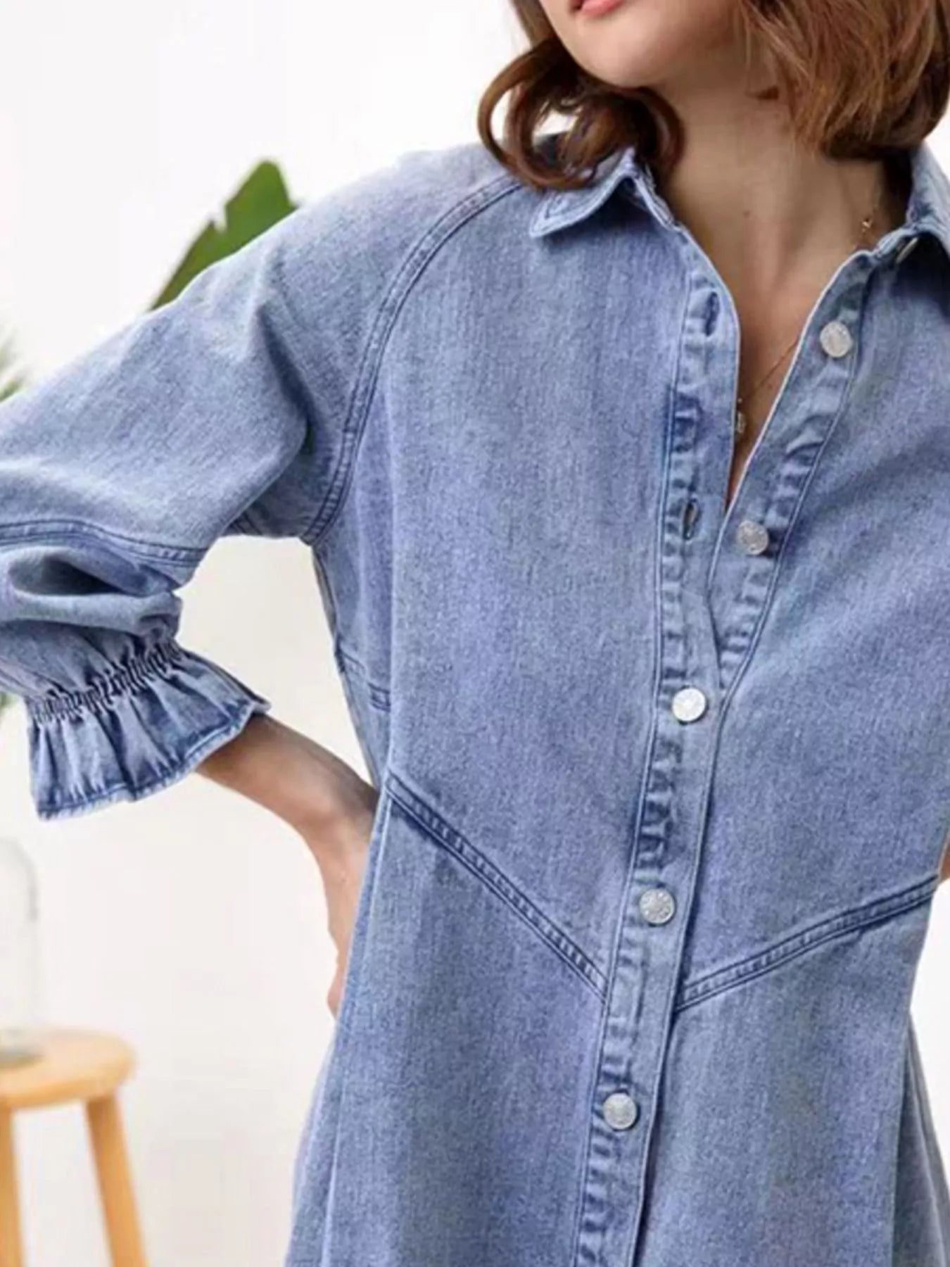 Ruffled Cuff Button-Down Denim Dress.