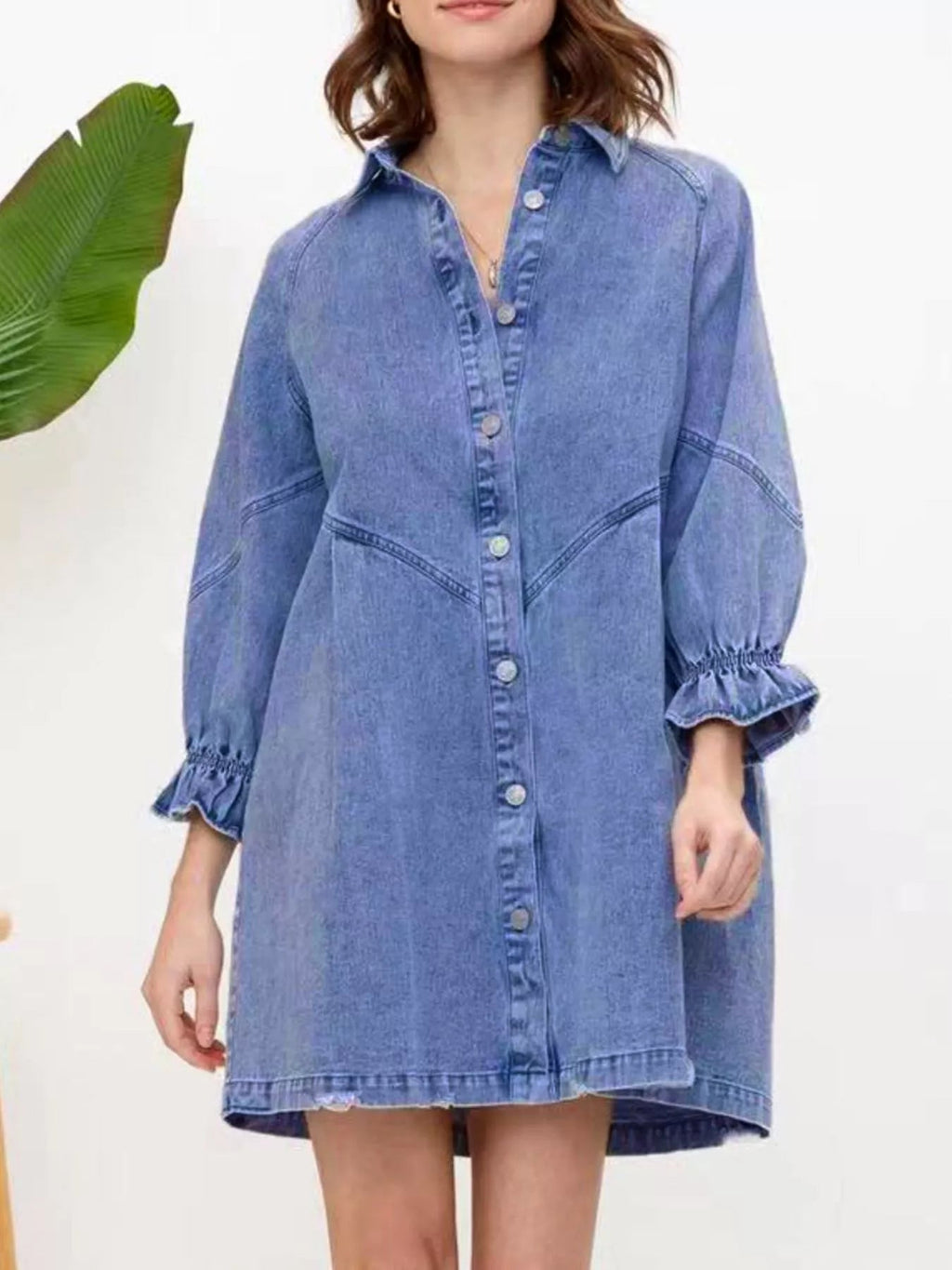 Ruffled Cuff Button-Down Denim Dress.