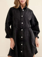 Ruffled Cuff Button-Down Denim Dress.