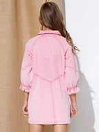 Ruffled Cuff Button-Down Denim Dress.