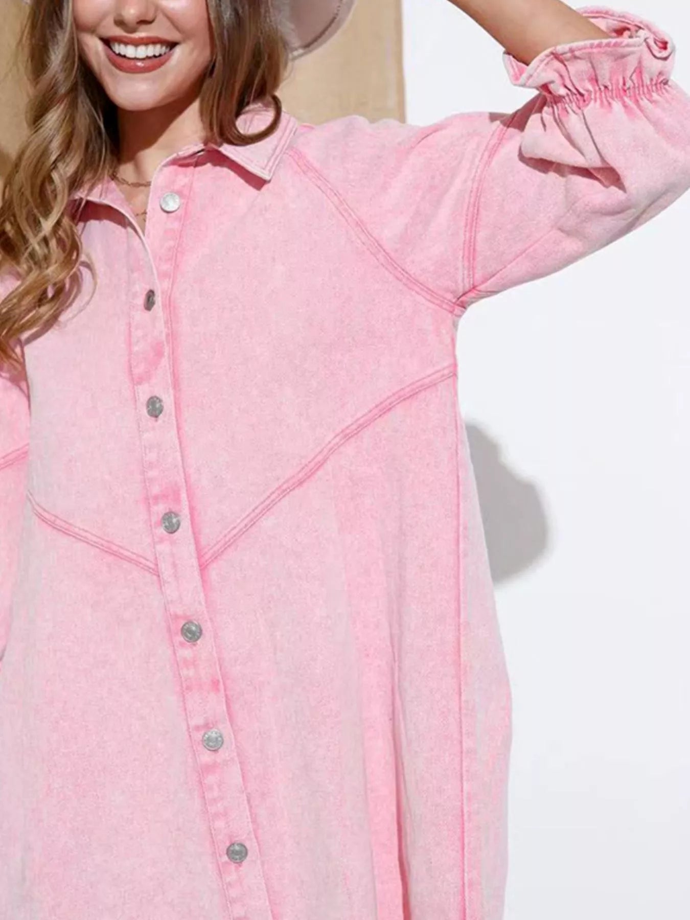 Ruffled Cuff Button-Down Denim Dress.