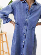 Ruffled Cuff Button-Down Denim Dress.