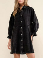 Ruffled Cuff Button-Down Denim Dress.