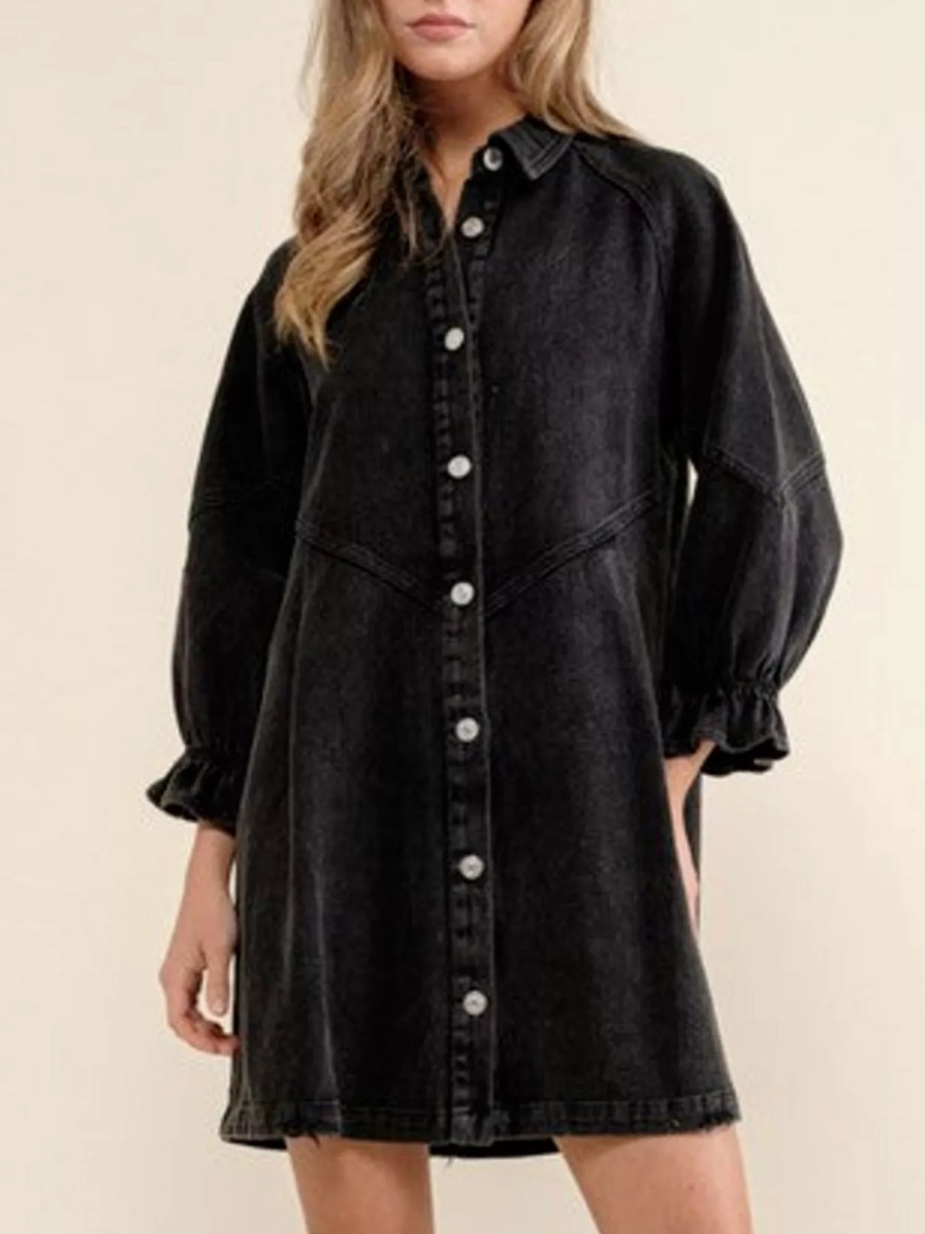 Ruffled Cuff Button-Down Denim Dress.