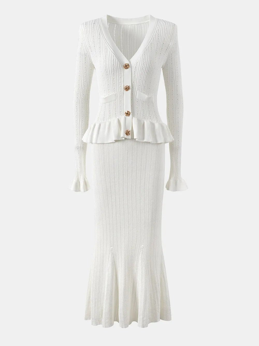 Ruffled V-Neck Top and Midi Skirt Sweater Set.