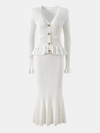 Ruffled V-Neck Top and Midi Skirt Sweater Set.