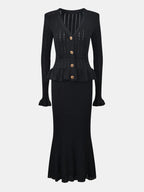 Ruffled V-Neck Top and Midi Skirt Sweater Set.