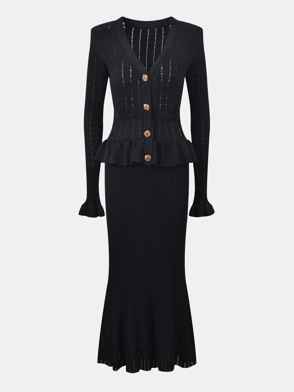 Ruffled V-Neck Top and Midi Skirt Sweater Set.