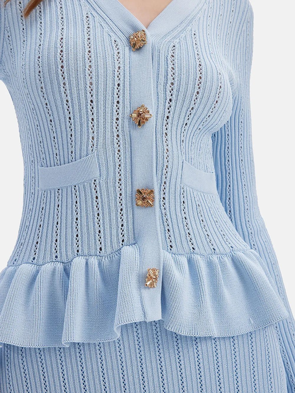 Ruffled V-Neck Top and Midi Skirt Sweater Set.