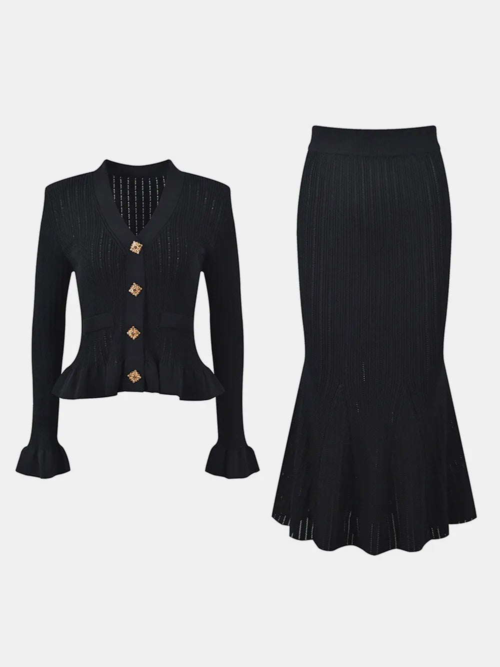 Ruffled V-Neck Top and Midi Skirt Sweater Set.