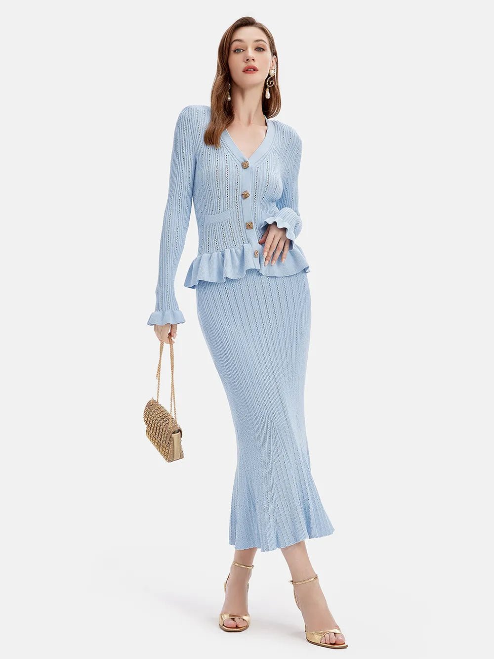 Ruffled V-Neck Top and Midi Skirt Sweater Set.