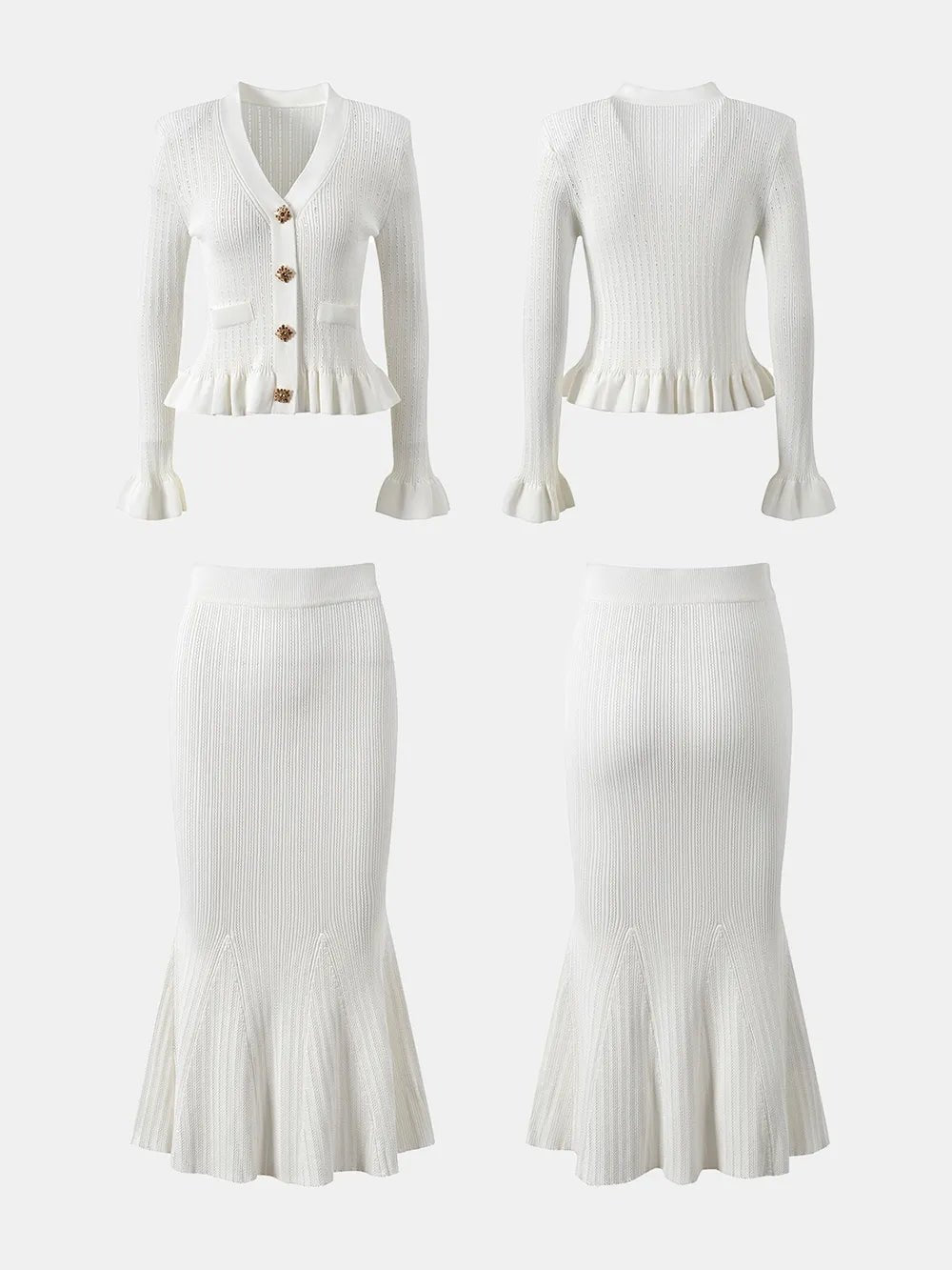 Ruffled V-Neck Top and Midi Skirt Sweater Set.