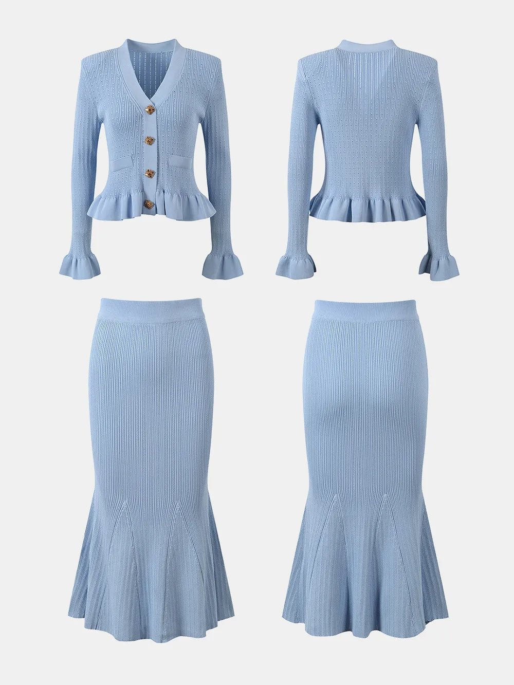 Ruffled V-Neck Top and Midi Skirt Sweater Set.