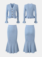 Ruffled V-Neck Top and Midi Skirt Sweater Set.