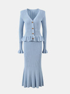 Ruffled V-Neck Top and Midi Skirt Sweater Set.