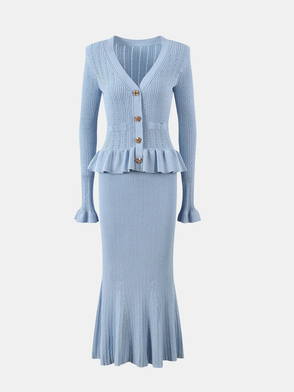 Ruffled V-Neck Top and Midi Skirt Sweater Set.