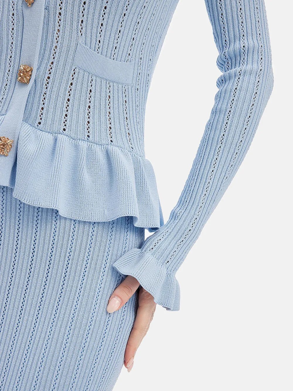 Ruffled V-Neck Top and Midi Skirt Sweater Set.