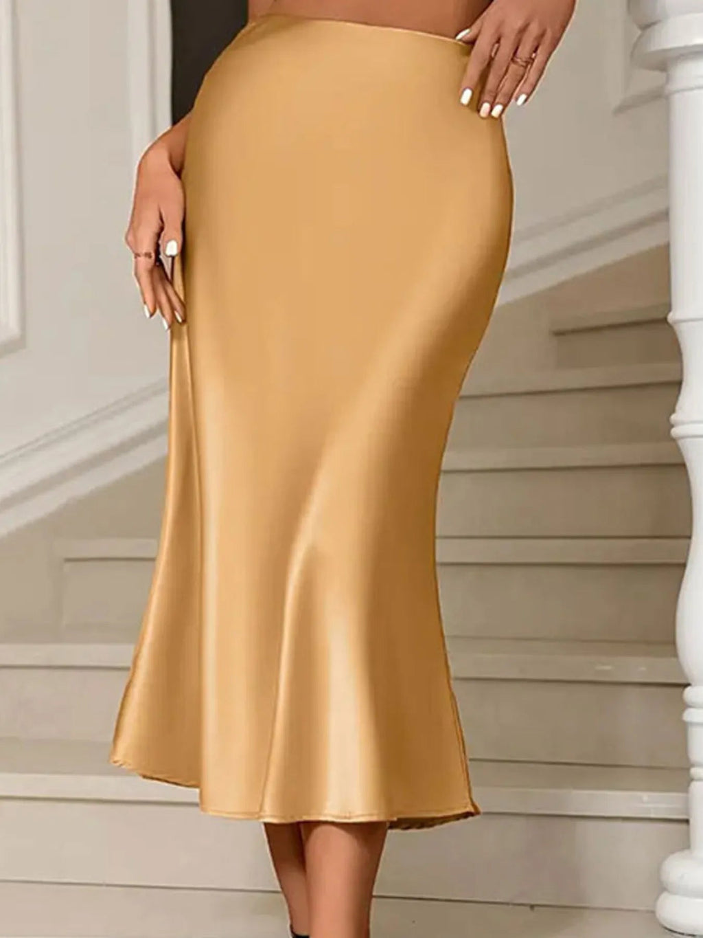 Elegant satin midi skirt showcasing sophisticated design and luxurious fabric for formal occasions