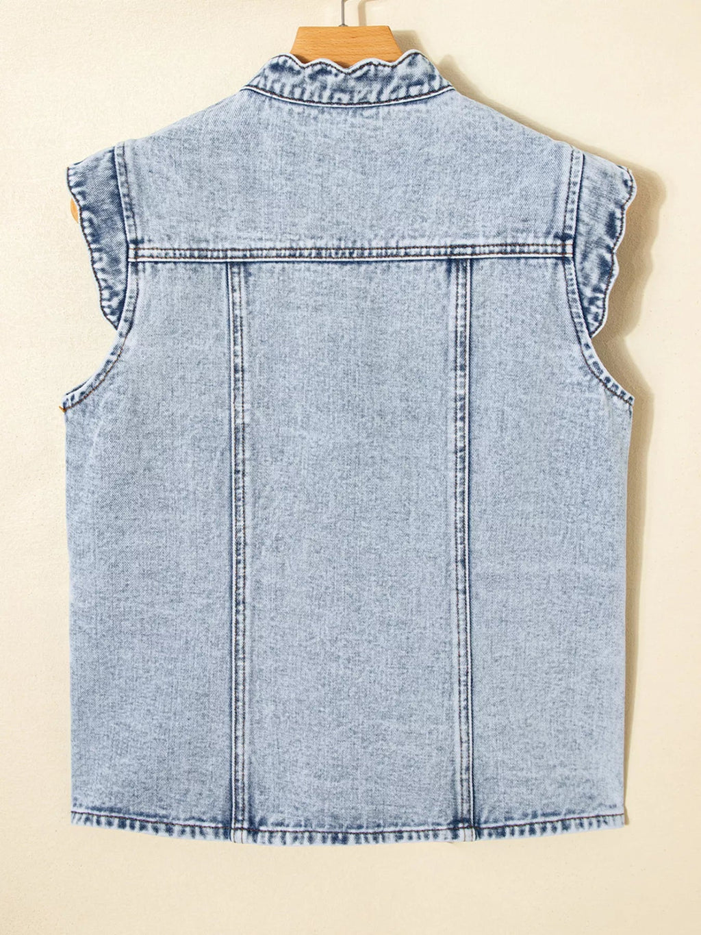 Scalloped Trim Patch Pocket Button Front Denim Vest.