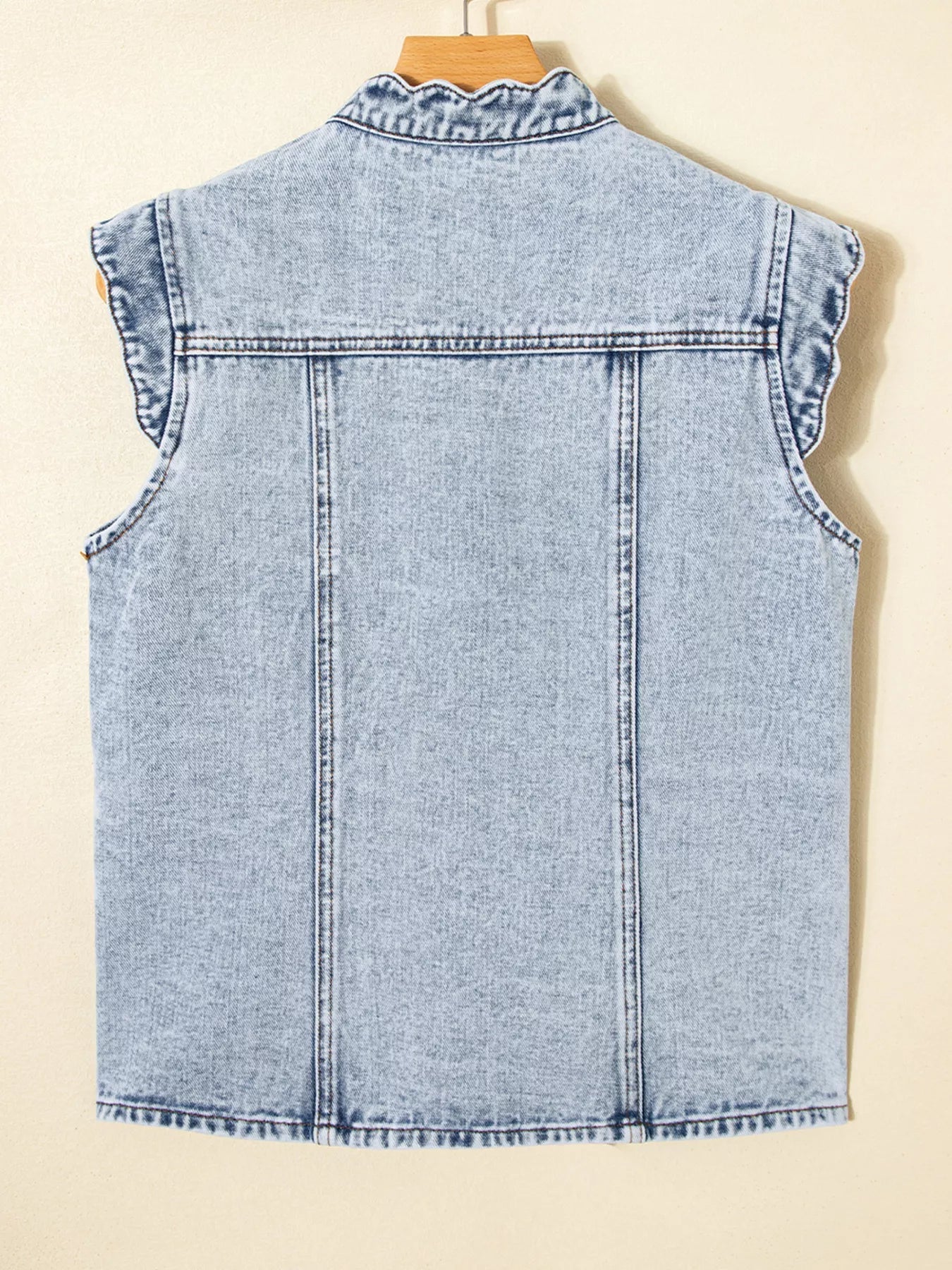 Scalloped Trim Patch Pocket Button Front Denim Vest.