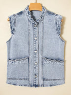Scalloped Trim Patch Pocket Button Front Denim Vest.