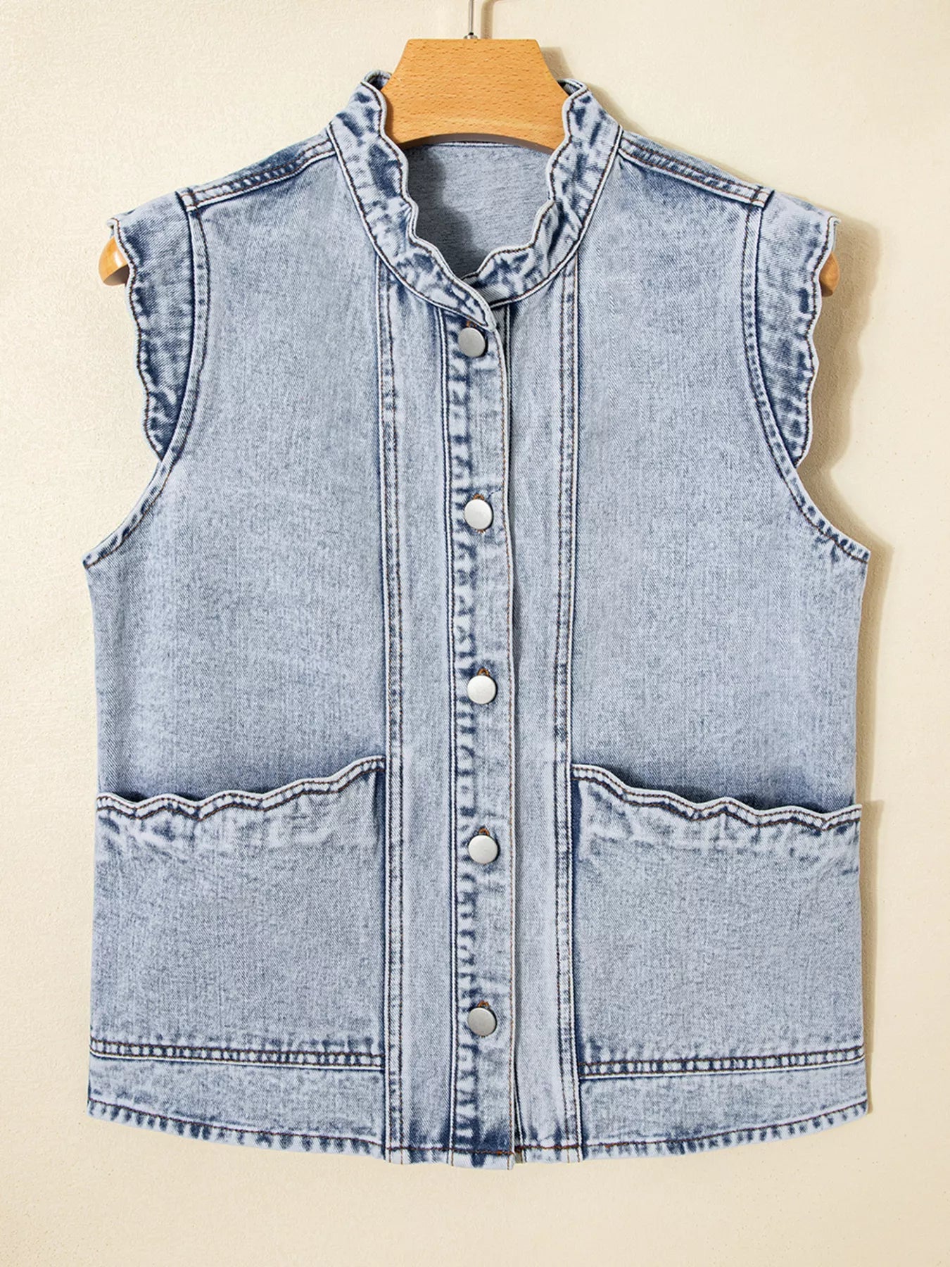 Scalloped Trim Patch Pocket Button Front Denim Vest.