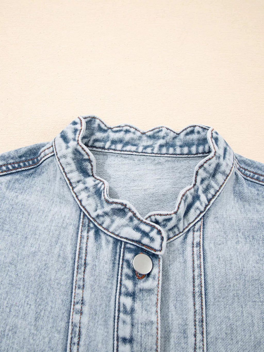 Scalloped Trim Patch Pocket Button Front Denim Vest.